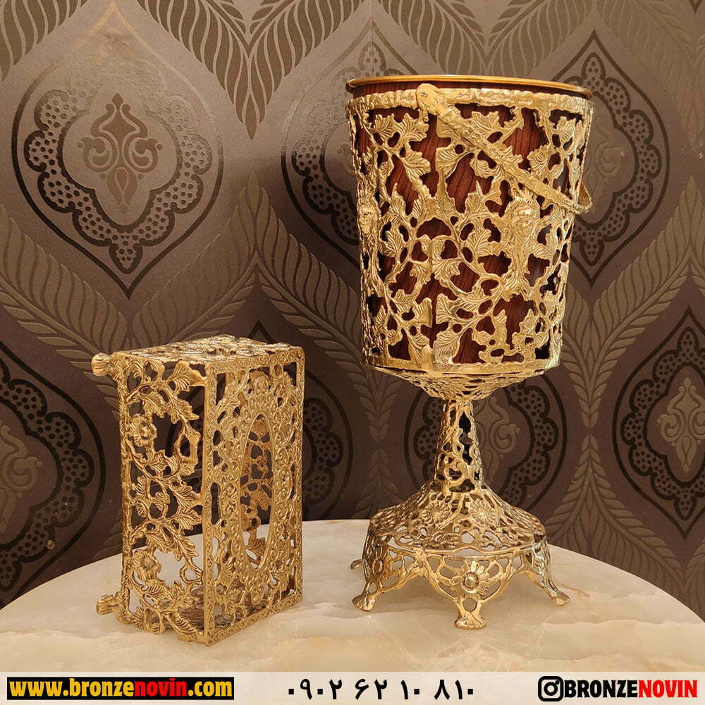 خرید ست سطل زباله و جا دستمال کاغذی برنزی