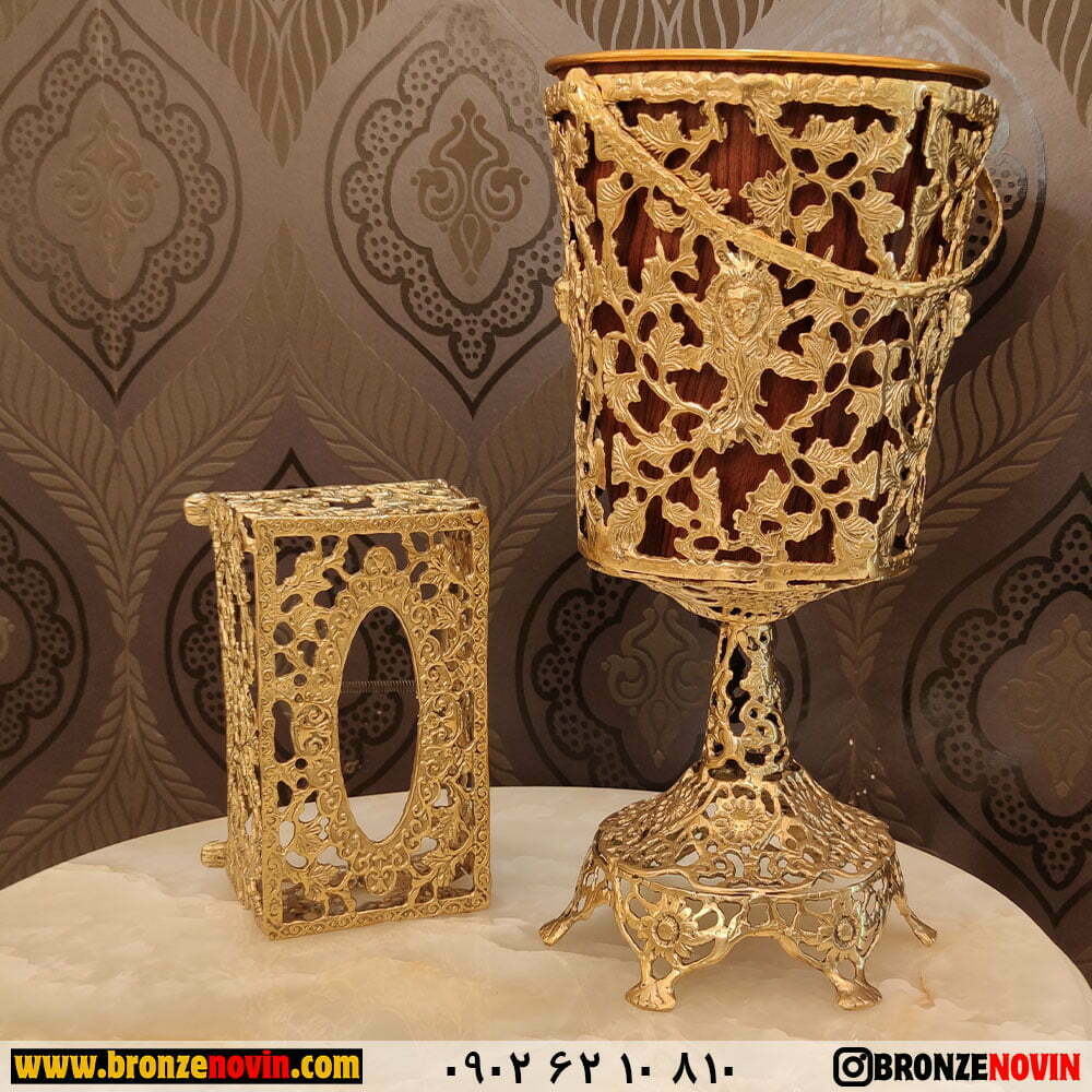 سطل زباله و جا دستمال کاغذی برنزی پایه کوتاه