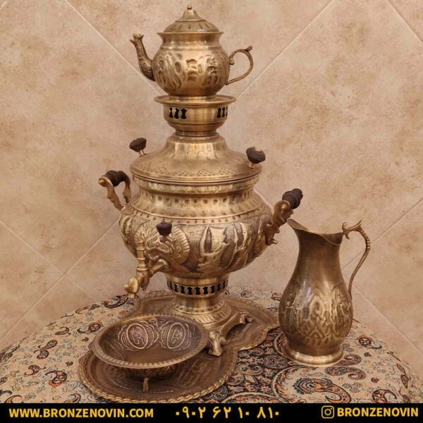 سماور برنجی زغالی ۸ لیتری آنتیک با سرویس