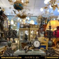 ساعت و شمعدان برنز آنتیک مدل پانیک با سنگ سبز