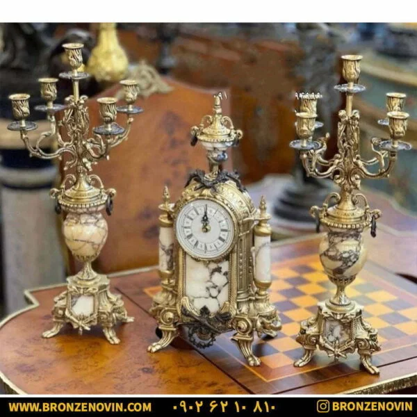 ساعت و شمعدان برنز آنتیک مدل لانچینی با سنگ