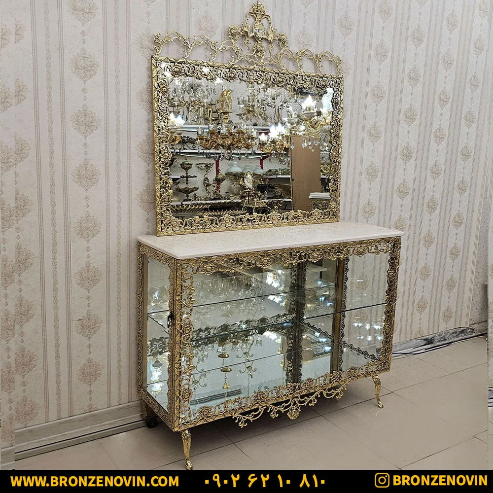 آینه و بوفه برنجی مدل گل سرخ بزرگ
