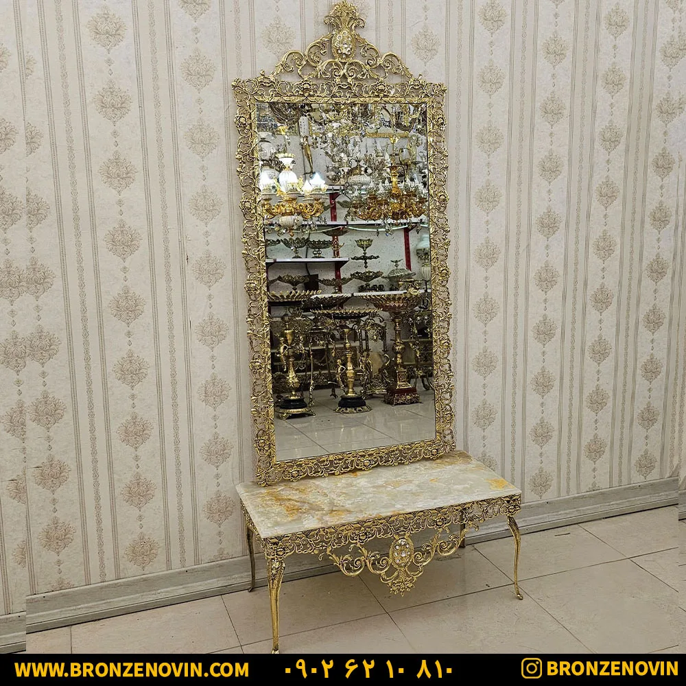 آینه کنسول برنزی مدل گل سرخ