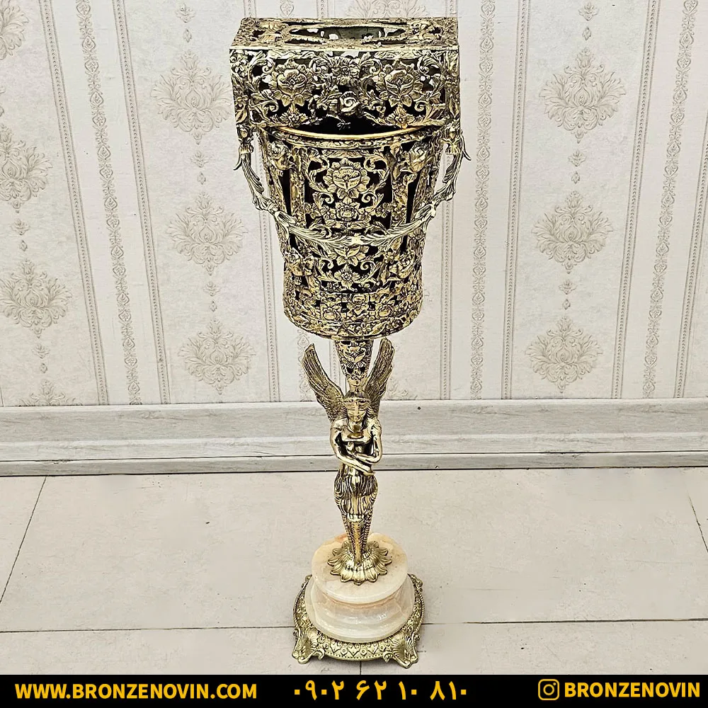 سطل و جا دستمال کاغذی برنزی مدل فرشته گل رز سنگین