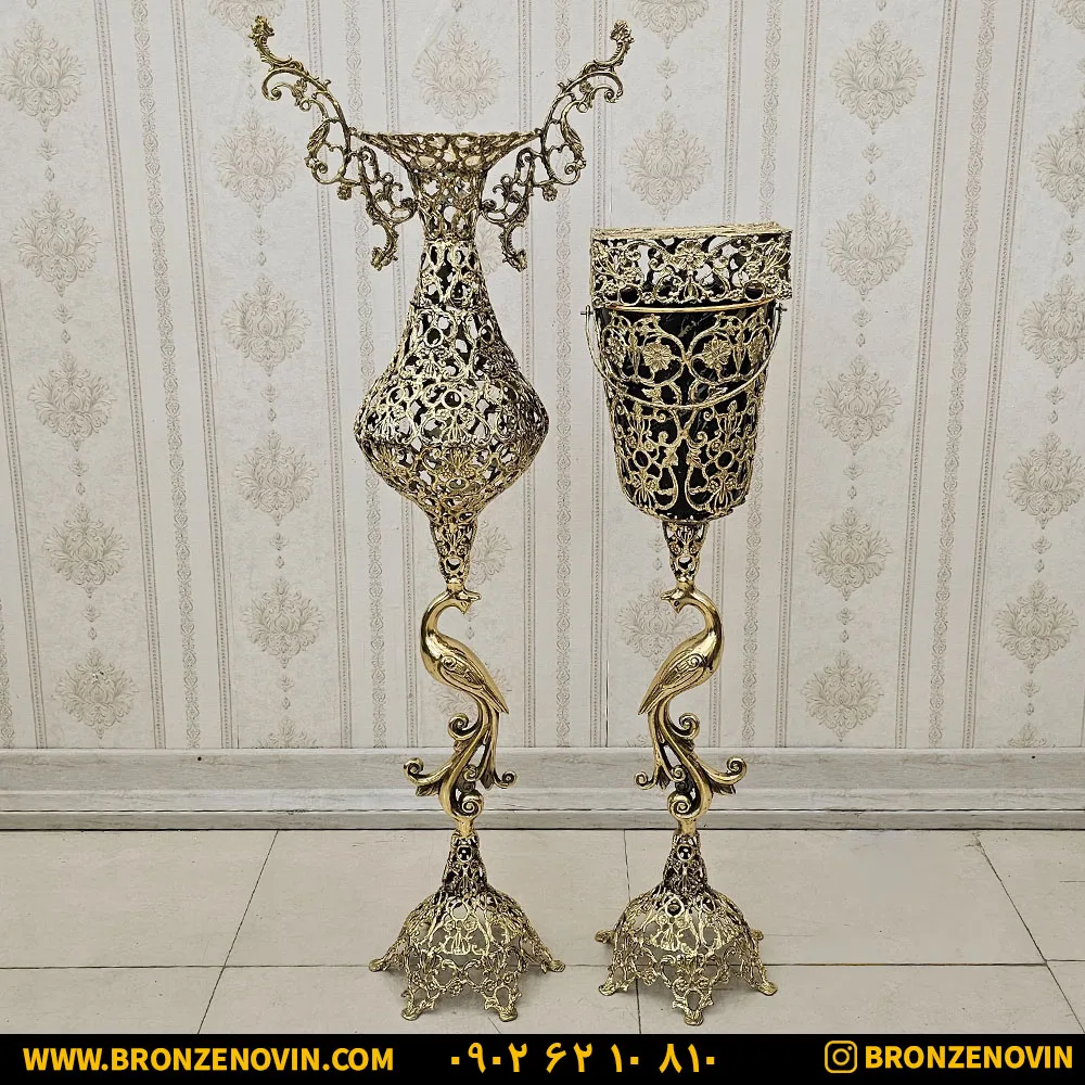 گلدان کنار سالنی و سطل و جا دستمال برنزی ست