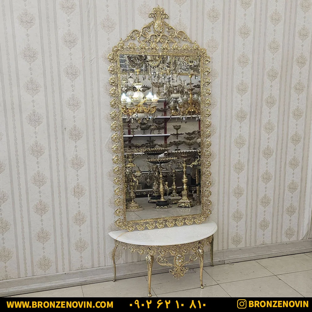 آینه و کنسول برنز مدل گل رز بزرگ سنگین