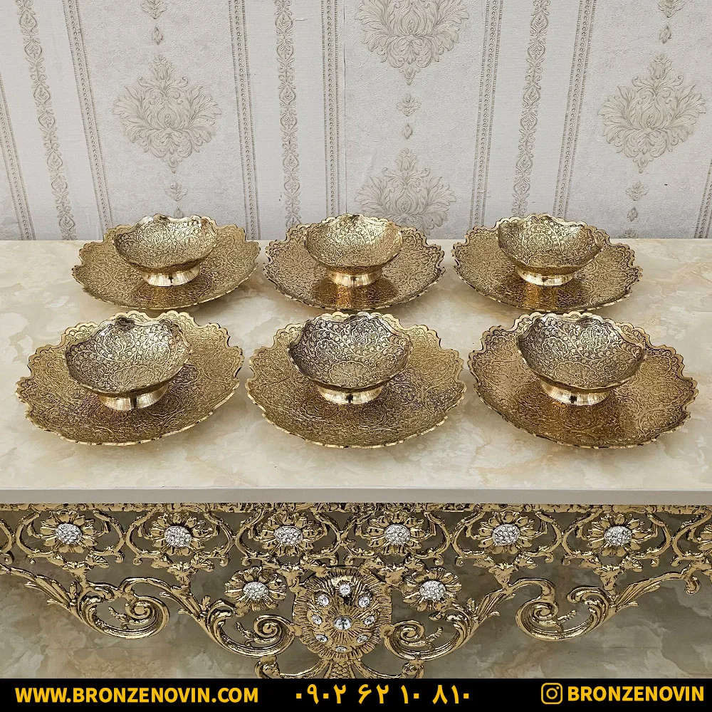 ست پیش دستی و پیاله برنز هندی طاووس